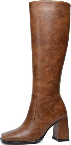 Knee High Boots Women Chunky Heel Tall Boots Square Toe Long Boots with Side Zipper in Saudi Arabia