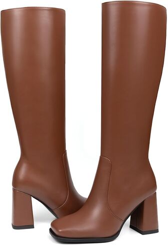 Knee High Boots Women Chunky Heel Tall Boots Square Toe Long Boots with Side Zipper in Saudi Arabia