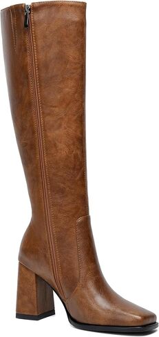 Knee High Boots Women Chunky Heel Tall Boots Square Toe Long Boots with Side Zipper in Saudi Arabia