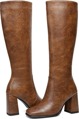 Knee High Boots Women Chunky Heel Tall Boots Square Toe Long Boots with Side Zipper in Saudi Arabia