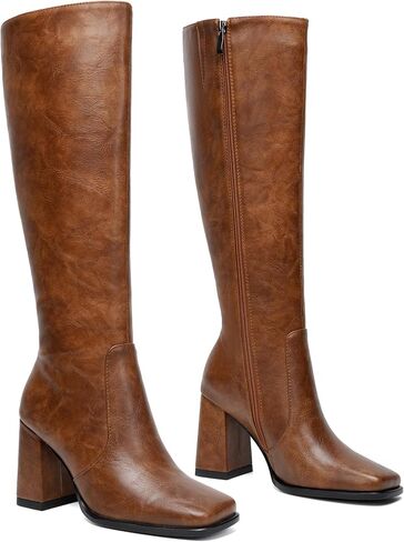 Knee High Boots Women Chunky Heel Tall Boots Square Toe Long Boots with Side Zipper in Saudi Arabia