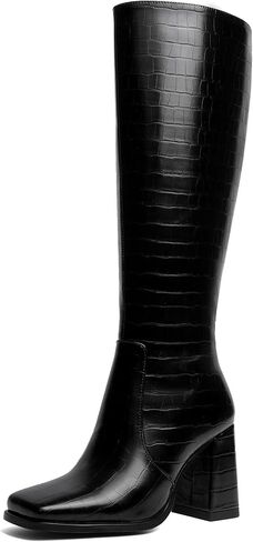 أحذية عالية في الركبة للنساء، أحذية طويلة بكعب مكتنز، أحذية طويلة بمقدمة مربعة مع سحاب جانبي in Kuwait