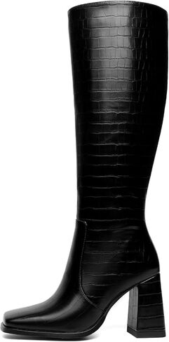 أحذية عالية في الركبة للنساء، أحذية طويلة بكعب مكتنز، أحذية طويلة بمقدمة مربعة مع سحاب جانبي in Kuwait