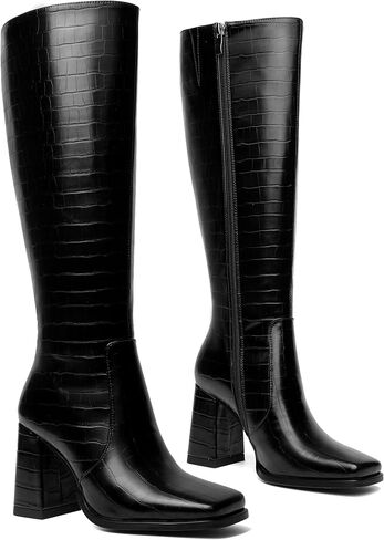 أحذية عالية في الركبة للنساء، أحذية طويلة بكعب مكتنز، أحذية طويلة بمقدمة مربعة مع سحاب جانبي in Kuwait