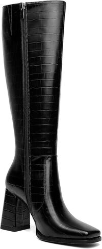 أحذية عالية في الركبة للنساء، أحذية طويلة بكعب مكتنز، أحذية طويلة بمقدمة مربعة مع سحاب جانبي in Kuwait