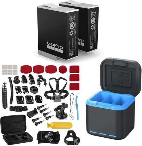 بطارية ليثيوم أيون قابلة لإعادة الشحن من جو برو إندورو بقدرة 1720 مللي أمبير في الساعة لكاميرات HERO12/11/10/9، عبوتان - حزمة مع مجموعة ملحقات GoPro مكونة من 40 قطعة، وشاحن بطاريات ثلاثي in Kuwait