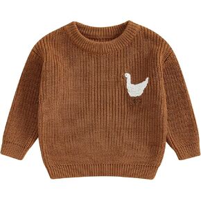 Infant Baby Boy Girl Knit Sweater Rooster Goose Embroidery Crew Neck Long Sleeve Pullover Knit Shirt Winter Clothes