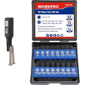 WORKPRO 16pcs Security Torx Bit Set, S2 Steel Star Bit Set, CNC Machined 1" Tamper Proof Torx Screwdriver bit with Magnetic Tips, 1/4 Inch Hex Shank, Tamper Resistant Fastener Drive Bit in Storage Box