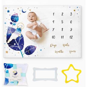 Baby Milestone Blanket with Starry Night Design, Includes Star and Grey Frame