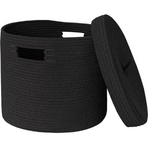 Storage Basket with Lid, 15" x 13" Lidded Blanket Basket Living Room, Black Woven Baskets for Storage, Nursery Kids Cotton Rope Toy Bin Box with Cover, Wicker Laundry Basket Pillow Holder