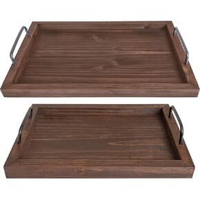 Besti Rustic Vintage Food Serving Trays (Set of 2) | Nesting Wooden Board with Metal Handles | Stylish Farmhouse Decor Serving Platters | Large: 15 x2 x11" - Small: 13 x2 x9" inches (Rustic Burnt)