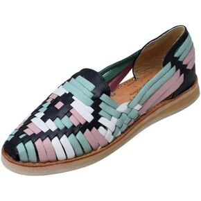 Macarena Collection Sandals women Huarache Sandal Colorful Leather Mexican Style Color Black with Mint Rombo