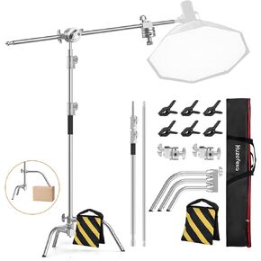 C Stand with Boom Arm 10.8ft/330cm, Huzofexo Stainless Steel Photography Light Stand with Lifting Leg and Holding Arm for Photo Studio Reflector, Monolight, Softbox