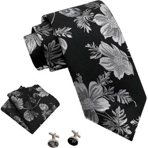 Mantieqingway Floral Ties for Men Handkerchief Cufflinks Set, Groomsmen Tie Polyester Necktie for Wedding Informal Prom Party