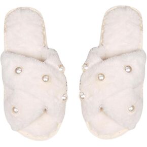 Verdusa Women's Pearl Fuzzy House Slippers Open Toe Criss Cross Straps Indoor Shoes