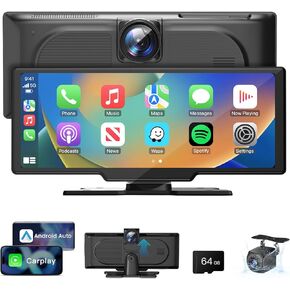 Wireless Carplay Screen for Car: 10.2 inch Portable Car Stereo with 4K Dash Cam Wireless Carplay Android Auto Touchscreen Split Screen AirPlay AHD 1080P Backup Camera