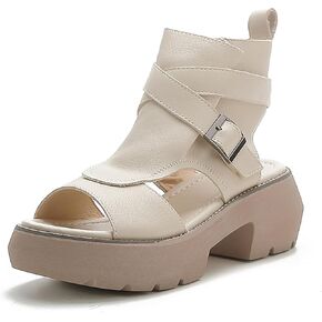 AMAZIDEAL Women's Vintage Leather Platform High Top Open Toe Sandals,Fashion Hollow Side Zipper Chunky Heel Gladiator Sandals,Summer Outdoor Casual Beach Athletic Sandal