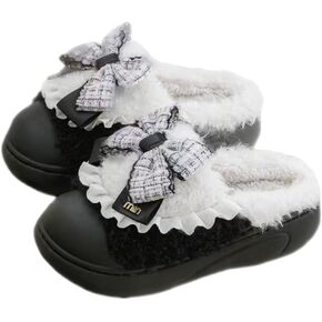 Women's Soft Plush Slippers with Cute Bow, Non-Slip Cotton Slippers, Furry Comfy Flat Slip-On House Shoes for Women