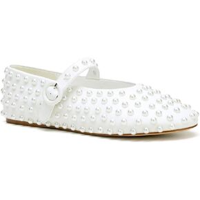 Rhinestone Ballet Flats Buckle Strap Ballerina Shoes Pearl Mary Jane Flats Round Toe Casual Dress Shoes