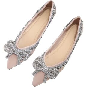TN TANGNEST Womens Bowknot Ballet Pointed Toe Shiny Dress Shoes Cute Slip On Loafers Comfortable Wedding Flats