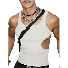 OYOANGLE Men's Cut Out Scoop Neck Tank Top Sleeveless Slim Fit Ribbed Knit Tops Streetwear