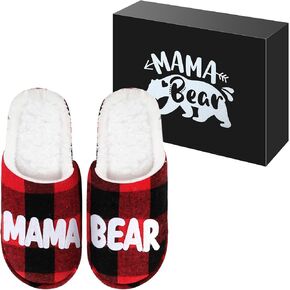 Geyoga Christmas Women's Gift for Mom Christmas Plush Slippers Cozy Buffalo Plaid Mama Bear Slipper for Xmas Gift (Size 9-10)