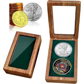 Challenge Coin Case Silver Dollar Coin Display Box, Suits 1.57"-1.81" inch Walnut Wooden Coin Box Double Coin Display Case, Military Collectible Coins with DIY Adjustable Gasket