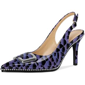 SAMMITOP Womens Slingback Stiletto High Heels Closed Pointed Toe Pumps Beaded Metal Buckle Sexy Office Dress Shoes 3.5 Inch