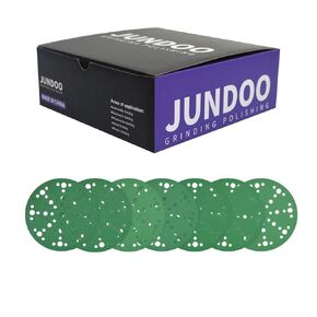 JUNDOO 60 Grit 6 Inch 49 Hole Green Film Hook and Loop Sanding Discs for Automotive and Woodworking 25 Pcs