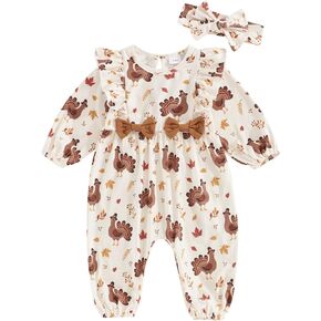 Newborn Baby Girl Thanksgiving Clothes Turkey Ruffle Sleeve Romper Jumpsuit with Headband Fall One Piece Outfits