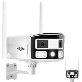 Hiseeu Ultra Wide Angle Dual Lens 4MP WiFi Pro Wireless Security Camera Outdoor, 2.4/5 GHz, 180° Viewing Angle, Black Light Night Vision, Two-Way Audio, IP66 Waterproof, Supports 24/7 Recording