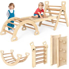 Pikler Triangle Set Flag Style Montessori Play Gym Climbing Toys for Toddlers 1-3 Inside Wooden Baby Play Gym Toddler Slides Indoor and Outdoor Play