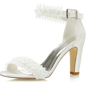 JIAJIA 5471A Women's Bridal Shoes Open Toe 3.34" Block Heel Lace Satin Pumps Satin Flower Sandals Wedding Shoes