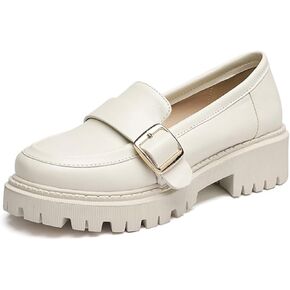 Women's Leather Chunky Lug Sole Monk Buckle Loafers Retro Round Toe Block-Heeled Comfortable Platform-Heightened Slip-On Casual Formal Shoes for Work,Parties,Dress