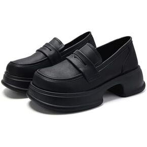 Chunky Heel Platform Penny Loafers Women's Waterproof Fashionable Round Wide Toe Slip-On Thick Sole Work Shoes for Uniform Business Work Formal Wear
