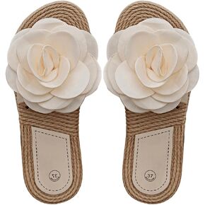 OYOANGLE Women's Boho 3D Flower Straw Braided Flat Sandals Open Toe Slip on Vacation Casual Sandals