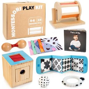 Montessori Toys for Babies 0-6 Months, 9 in 1 Learning Educational Sensory Toys for Newborn 0-3-6 Months, Includes High Contrast Cards, Baby Tissue Box Toy, Spinning Drum, Teether and More
