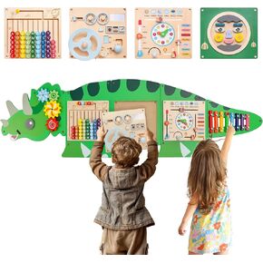 Montessori Busy Board Dinosaur Educational Toy, 4 Interchangeable Wooden Sensory Activity Board Wall Panel for Kids, Sensory Learning Toy for Boys and Girls Playroom, Toddler Room Decor