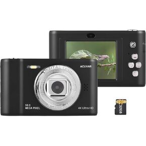 Acuvar 4K 50MP Digital Camera, Auto Focus Kids Camera Selfie with Front and Rear Dual Lenses, 32GB Card,16X Digital Zoom, Compact Travel Vlogging Video Camera Gift for Kid Teen Beginner (Pink)