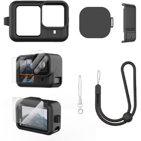 Protective Silicone Sleeve Case for Go Pro Hero 13 Action Camera, Accessories Kit Bundle of Battery Side Cover&Lens Guard Cap&a Set of Tempered Glass Screen Protectors&Lanyard for Go Pro Hero 13