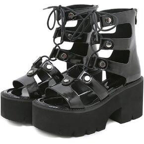 Women's Leather High Top Platform Gladiator Sandals with Lace Up Fashion Hollow Open Round Toe Back Zipper Chunky Wedge Booties Comfortable Casual Party Fisherman Roman Sandals