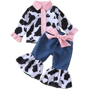 Lefyira Toddler Cowgirl Outfit Girl Long Sleeve Cow Print Button Down Shirt Flare Jeans Denim Set Western Baby Fall Clothes