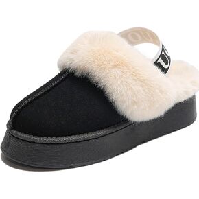 Women's Fuzzy Slippers Plush Lining Platform Slipper Slip on Fluffy Boots with Elastic Band Winter House Shoes Indoor and Outdoor