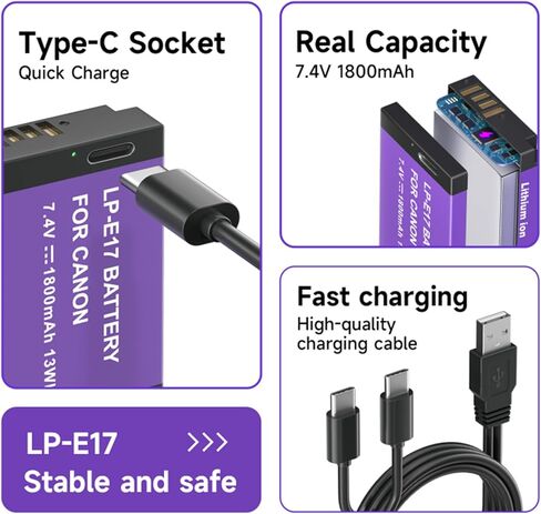 3 Pack LP-E17 Battery,1800mAh Battery LP-E17 Battery with USB-C for Canon EOS R50 R8 RP R10, RP Rebel SL2 SL3 T6i T6s T7i M3 M5 M6 200D 77D 750D 760D 800D 8000D KISS X8i Camera in Saudi Arabia