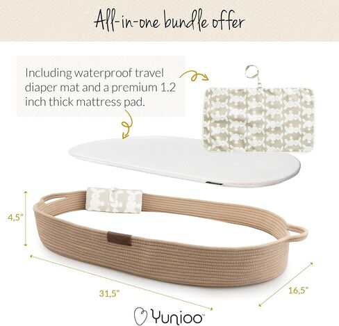 XL Reinforced Baby Changing Basket with Extra Travel Diaper pad, Foldable Baby Changing Pad with Water Repellent Cover, Cotton Rope Baby Basket, Changing Table Topper for Dresser (Brown) in Kuwait