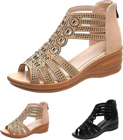 Women's Roman Wedge Hollow Sandals with Zipper Back,Rhinestone Gladiator Open Toe High Heel Dress Sandals Bootie in Kuwait