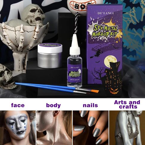 DE'LANCI Gold Face Paint Kit Metallic Powder,Fine Metal Powder Body Paint for Adults Kids,SFX Cosmetic Kit Christmas Paint with Mixing Liquid and 2 Brushes,parkling Halloween Makeup in Saudi Arabia