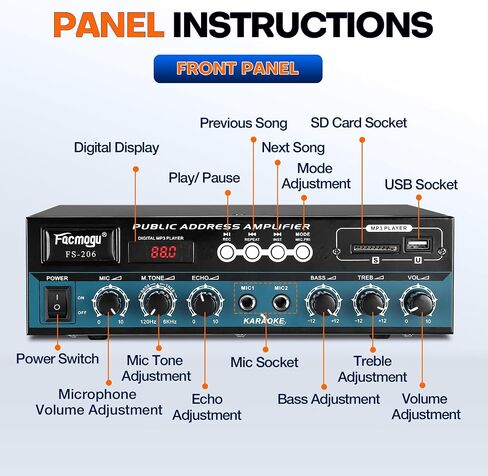 Facmogu PA90BT PA Amplifier, 120W Wireless Bluetooth Public Address Amplifier for PA Systems, PA Mono Amplifier Home Audio Sound PA Receiver System w/USB/AUX/Mic, 70V 100V Output for Ceiling Speaker in Saudi Arabia