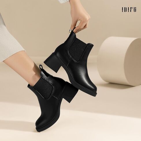 IDIFU IN2 Chelsea Boots Women Ankle Boots for Women Low Chunky Block Heel Short Square Toe Boots Fall Comfortable Fashion Casual Cute Work Office Dress Booties Slip On Classic Elastic Heeled Boots in Saudi Arabia