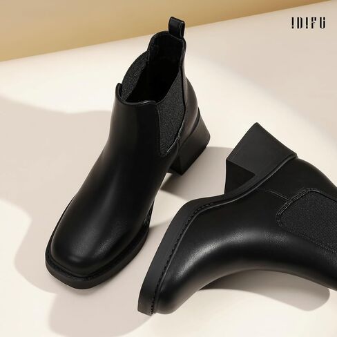IDIFU IN2 Chelsea Boots Women Ankle Boots for Women Low Chunky Block Heel Short Square Toe Boots Fall Comfortable Fashion Casual Cute Work Office Dress Booties Slip On Classic Elastic Heeled Boots in Saudi Arabia